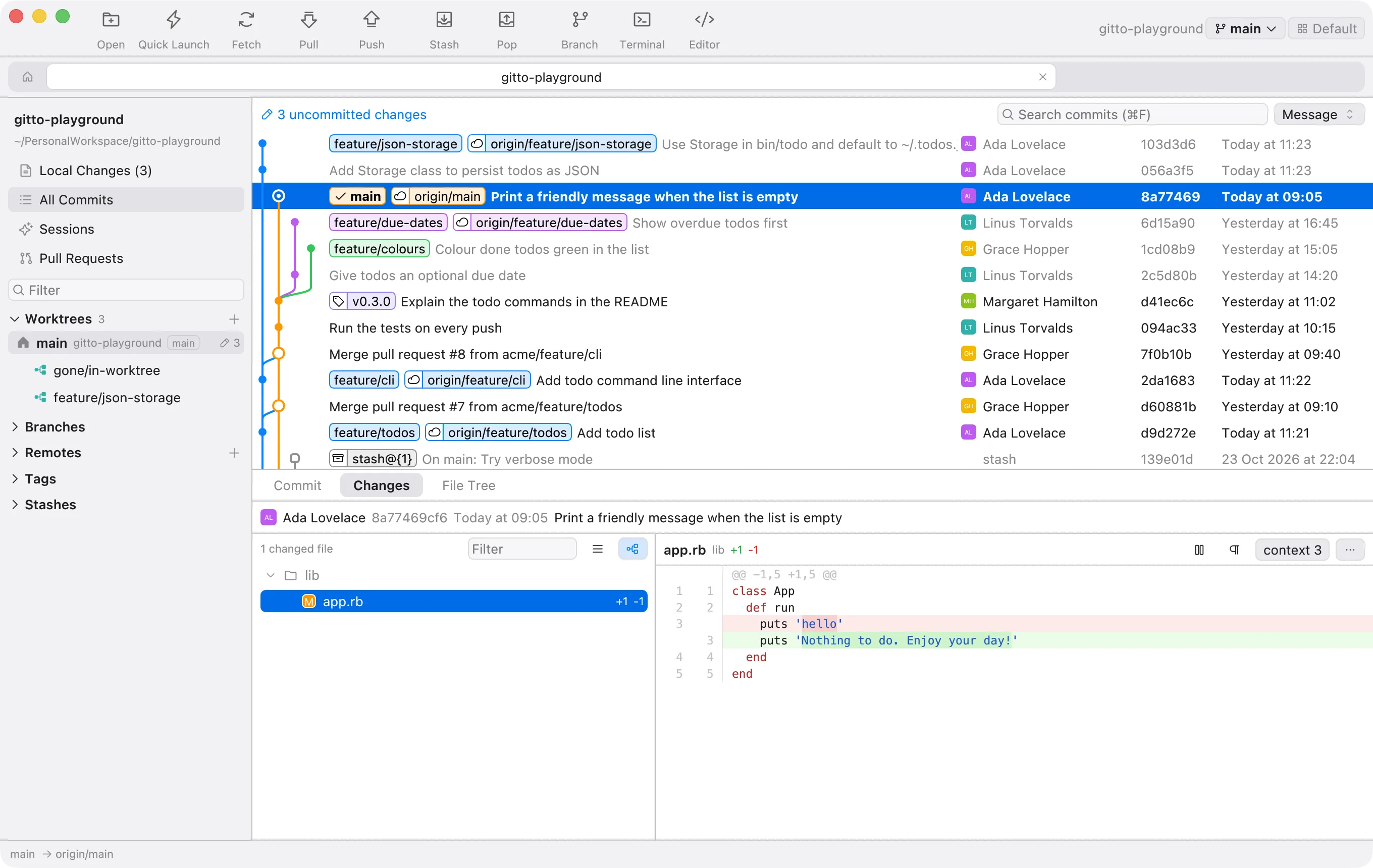 gitto showing the commit graph of a repository with several branches, tags and authors