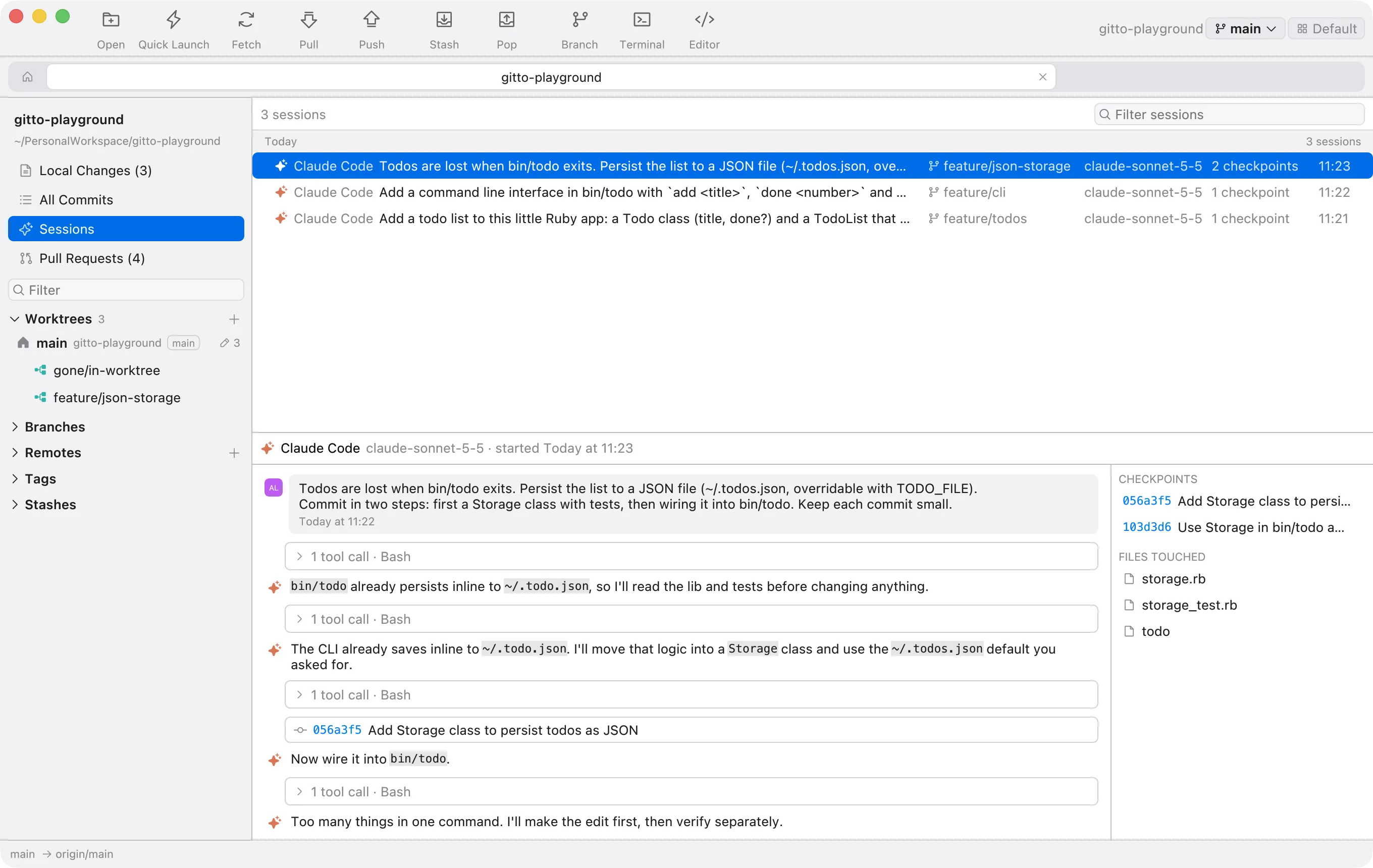 The Sessions view in gitto listing Claude Code sessions and the transcript of one of them